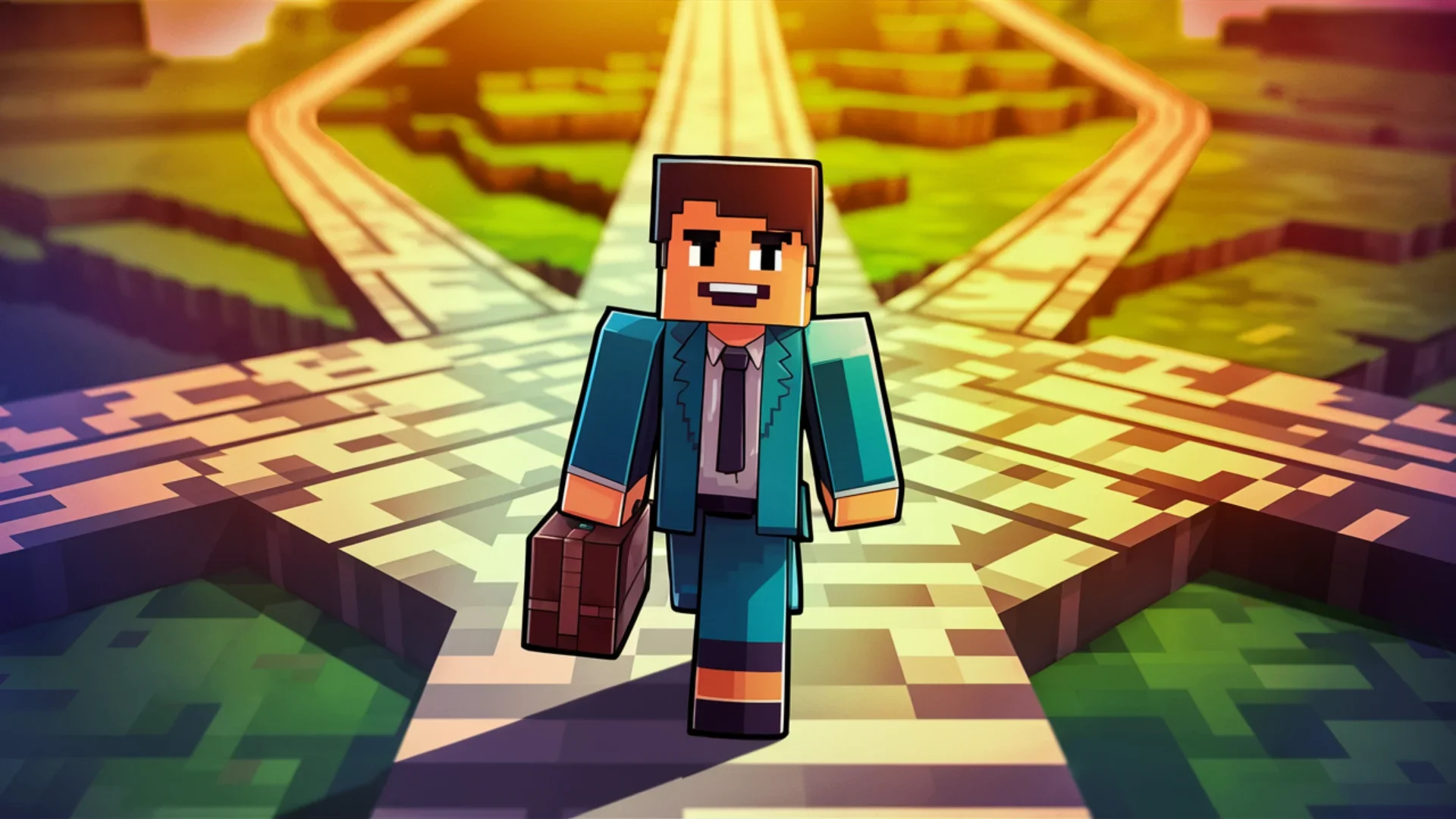 A vibrant and pixelated Minecraft style image of a freelancer embarking on a new journey. The character is dressed in a smart suit, holding a briefcase and wearing a confident smile. The backgroun