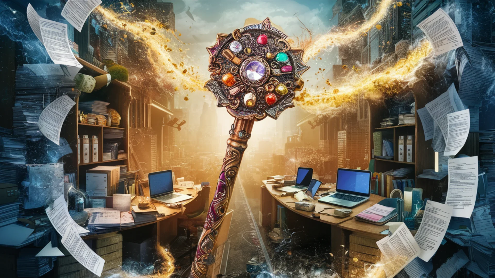 An enchanting depiction of a magical wand, with intricate designs and a multitude of gemstones, standing in the midst of a flourishing business. The wand is surrounded by a sea of paperwork, lapto