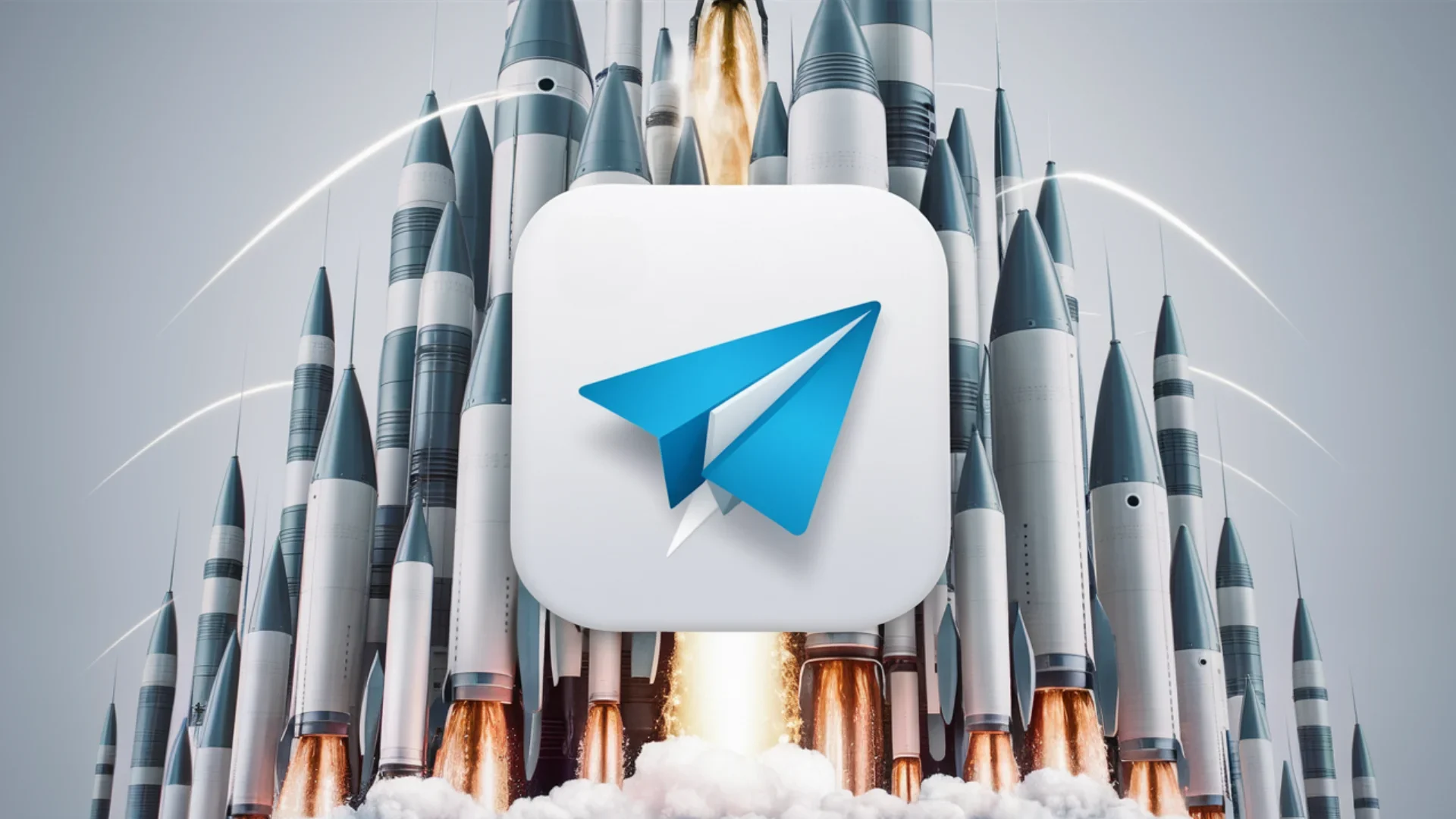 An eye catching design featuring the Telegram app icon with numerous rockets shooting upwards behind it. The Telegram icon is sleek and modern, with a blue chat bubble and white paper airplane. Th