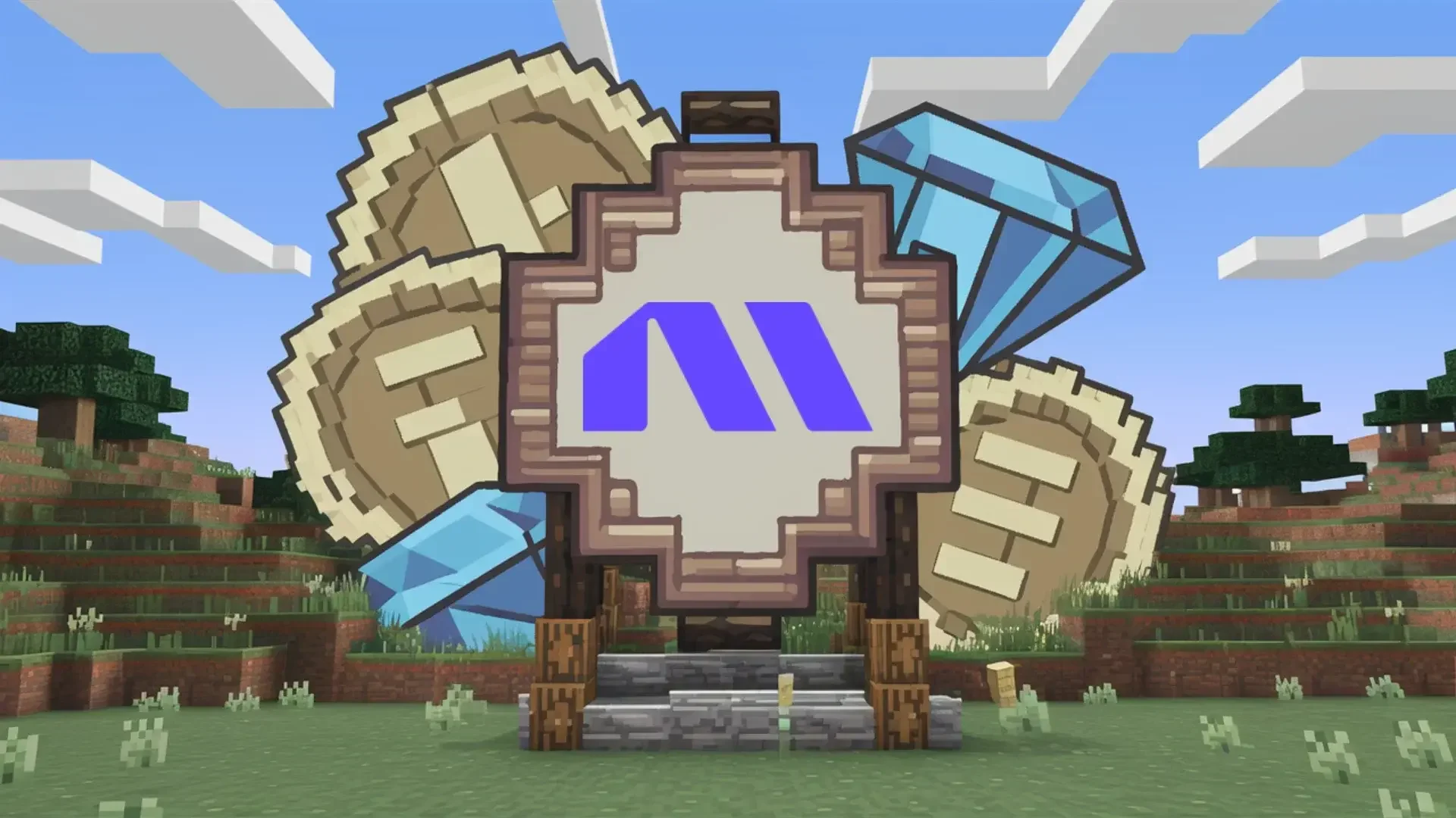 a minecraft style image of a big wooden sign with the Madgicx logo with large coins and diamonds in the background qvegsndfyws97rjoy92ngzsdfzkmj3dm7rgopapm40